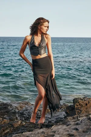 Pleated Drawstring High Slit Mini Skirt in Black
