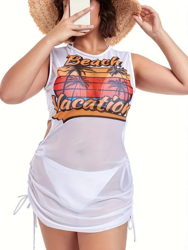 Plus Tropical Print Halter Triangle Bikini Swimsuit With Cover Up White