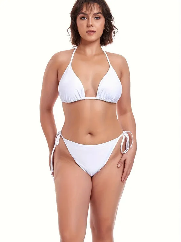 Plus Tropical Print Halter Triangle Bikini Swimsuit With Cover Up White