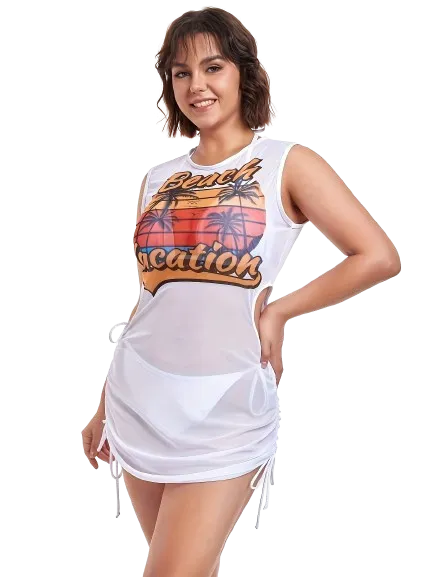 Plus Tropical Print Halter Triangle Bikini Swimsuit With Cover Up White