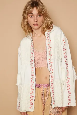 POL Clothing Embroidered Lace Patch Zip Up Hooded Womens Jacket