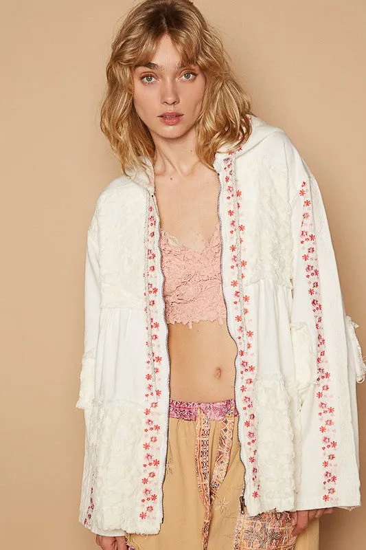 POL Clothing Embroidered Lace Patch Zip Up Hooded Womens Jacket