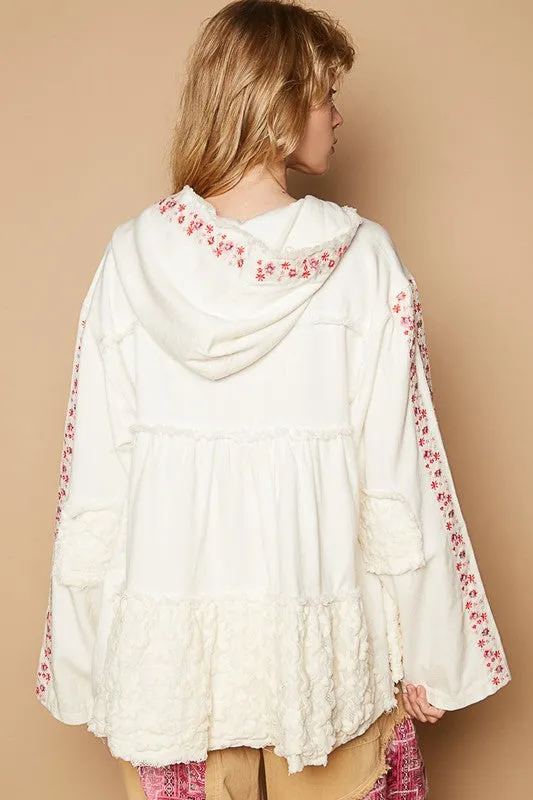 POL Clothing Embroidered Lace Patch Zip Up Hooded Womens Jacket