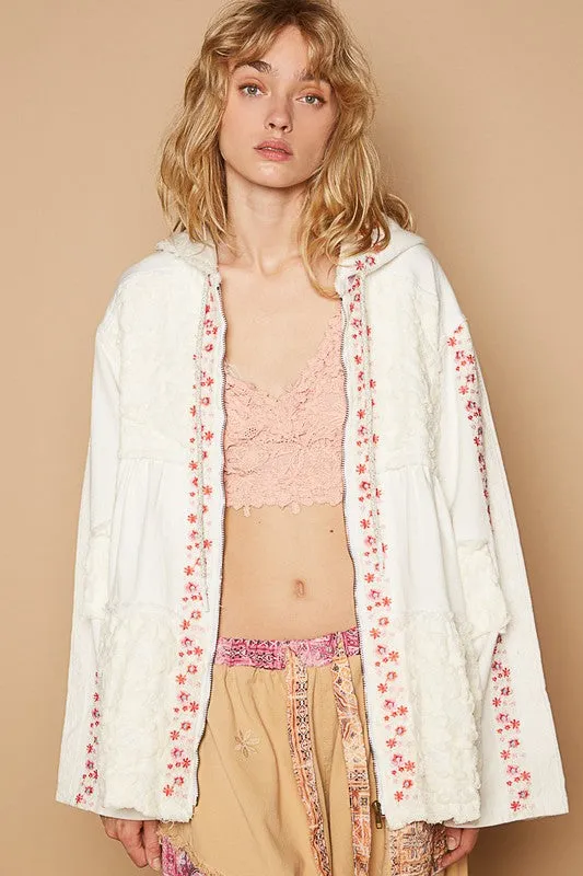 POL Clothing Embroidered Lace Patch Zip Up Hooded Womens Jacket