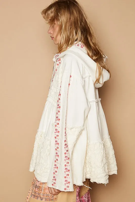 POL Clothing Embroidered Lace Patch Zip Up Hooded Womens Jacket