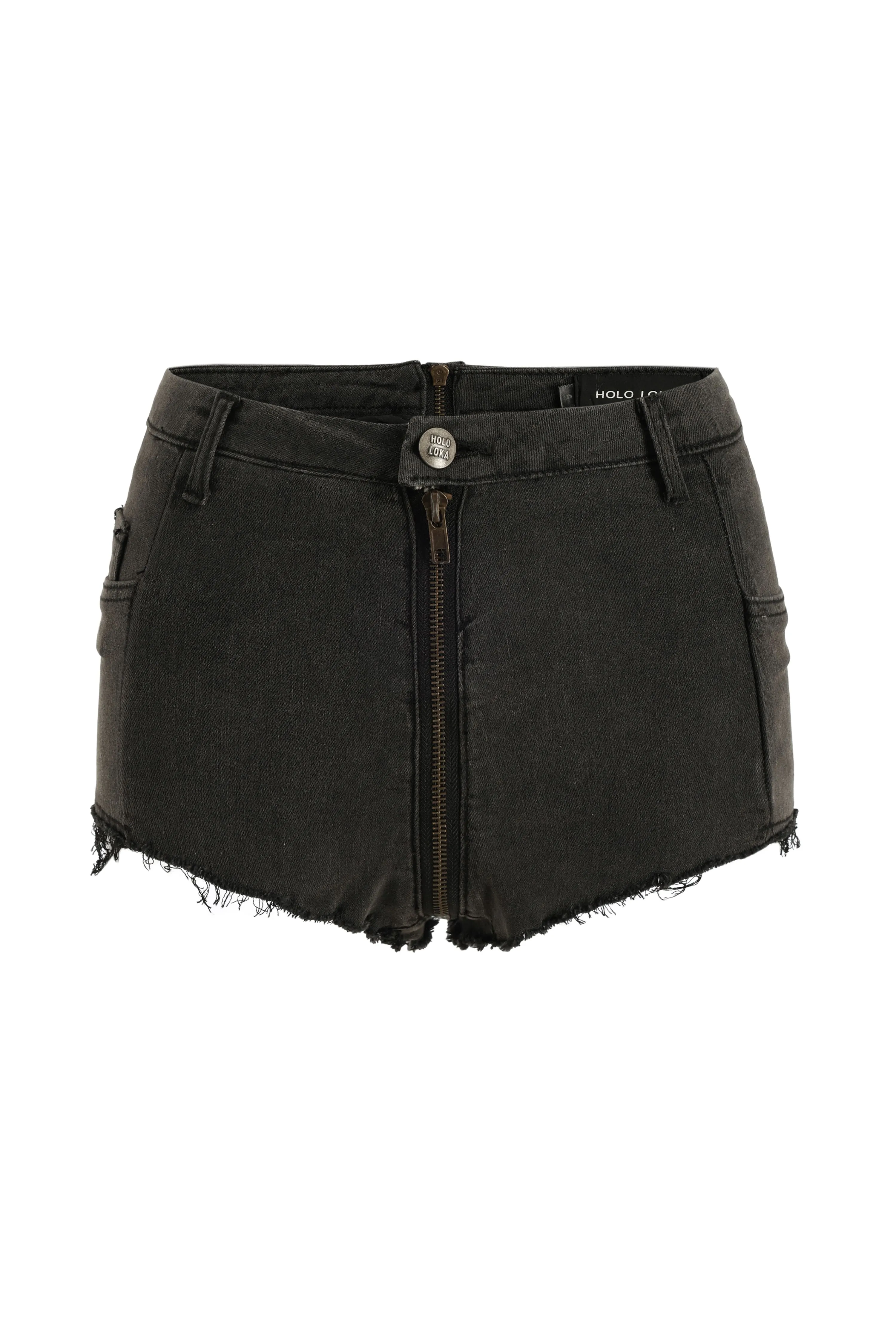 Pull-On Double Zip Ultra Short Denim Shorts in Slimming Black