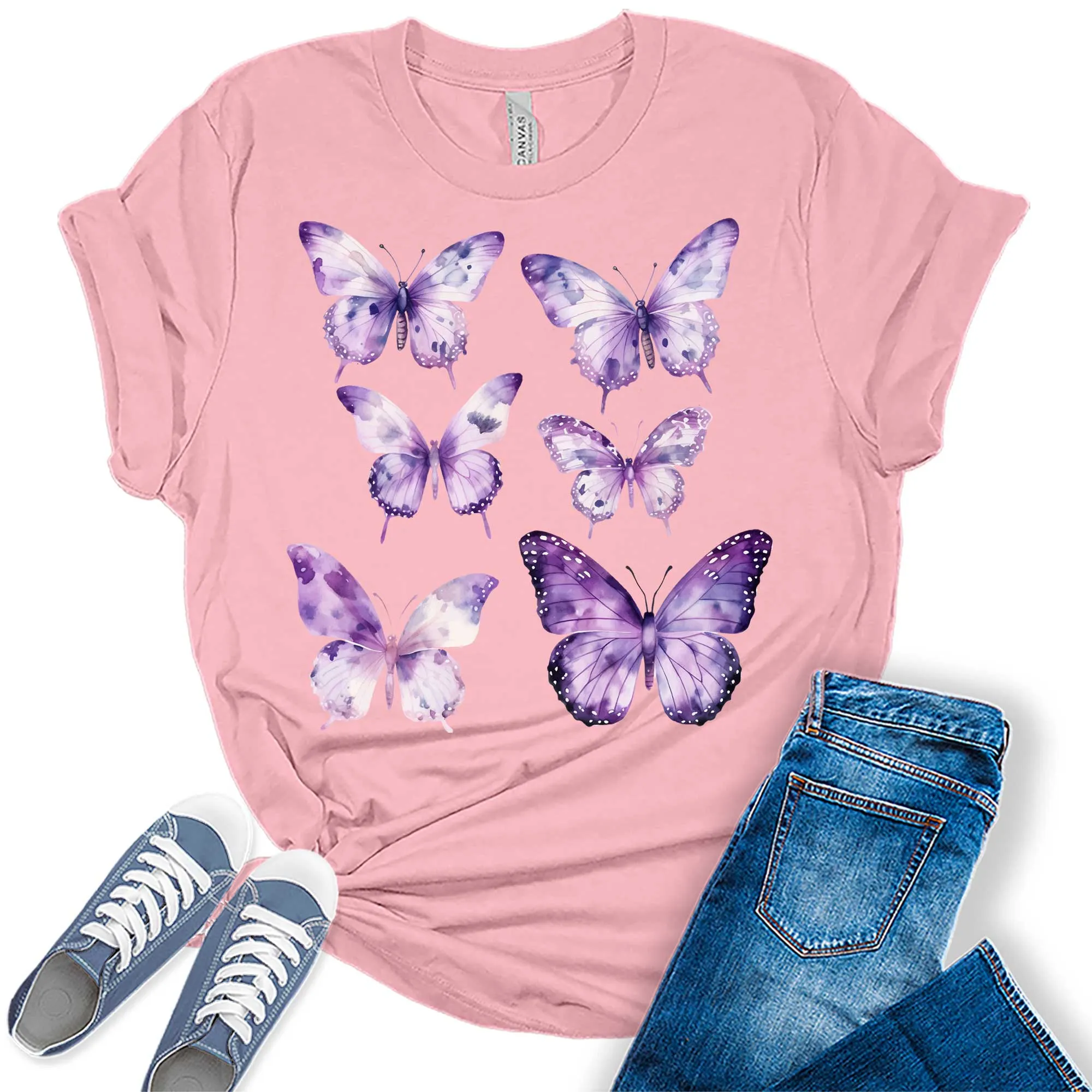 Purple Butterfly Shirt Trendy Boho Graphic Tees for Women Plus Size Summer Tops