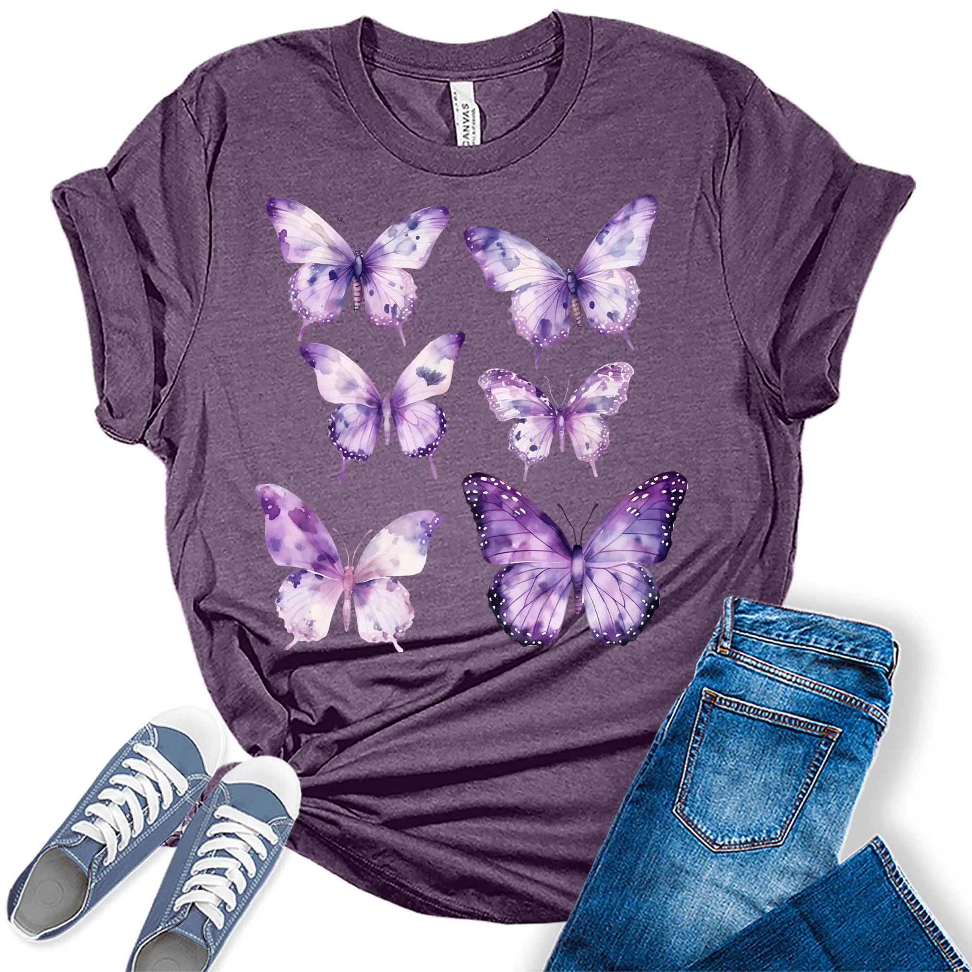 Purple Butterfly Shirt Trendy Boho Graphic Tees for Women Plus Size Summer Tops