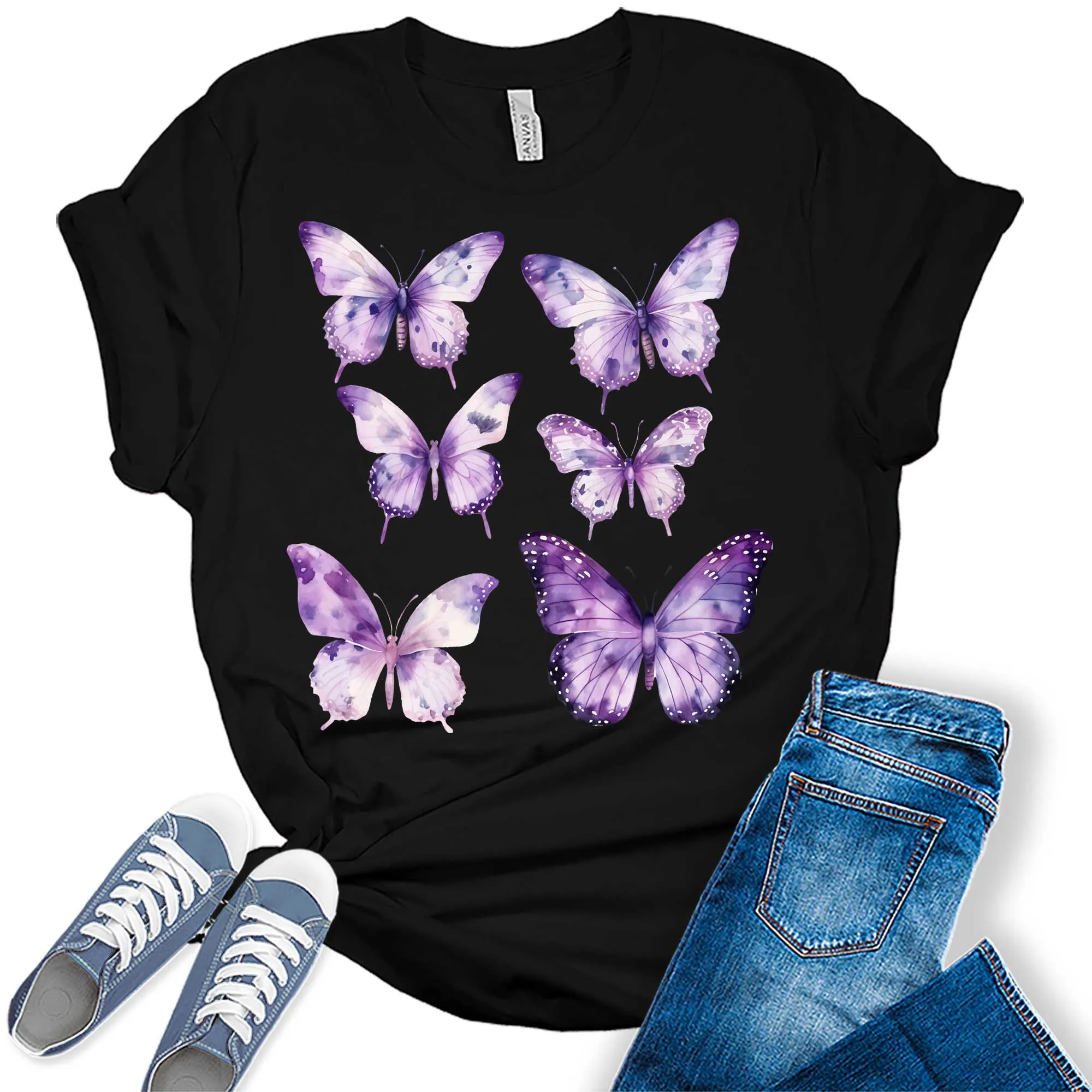 Purple Butterfly Shirt Trendy Boho Graphic Tees for Women Plus Size Summer Tops