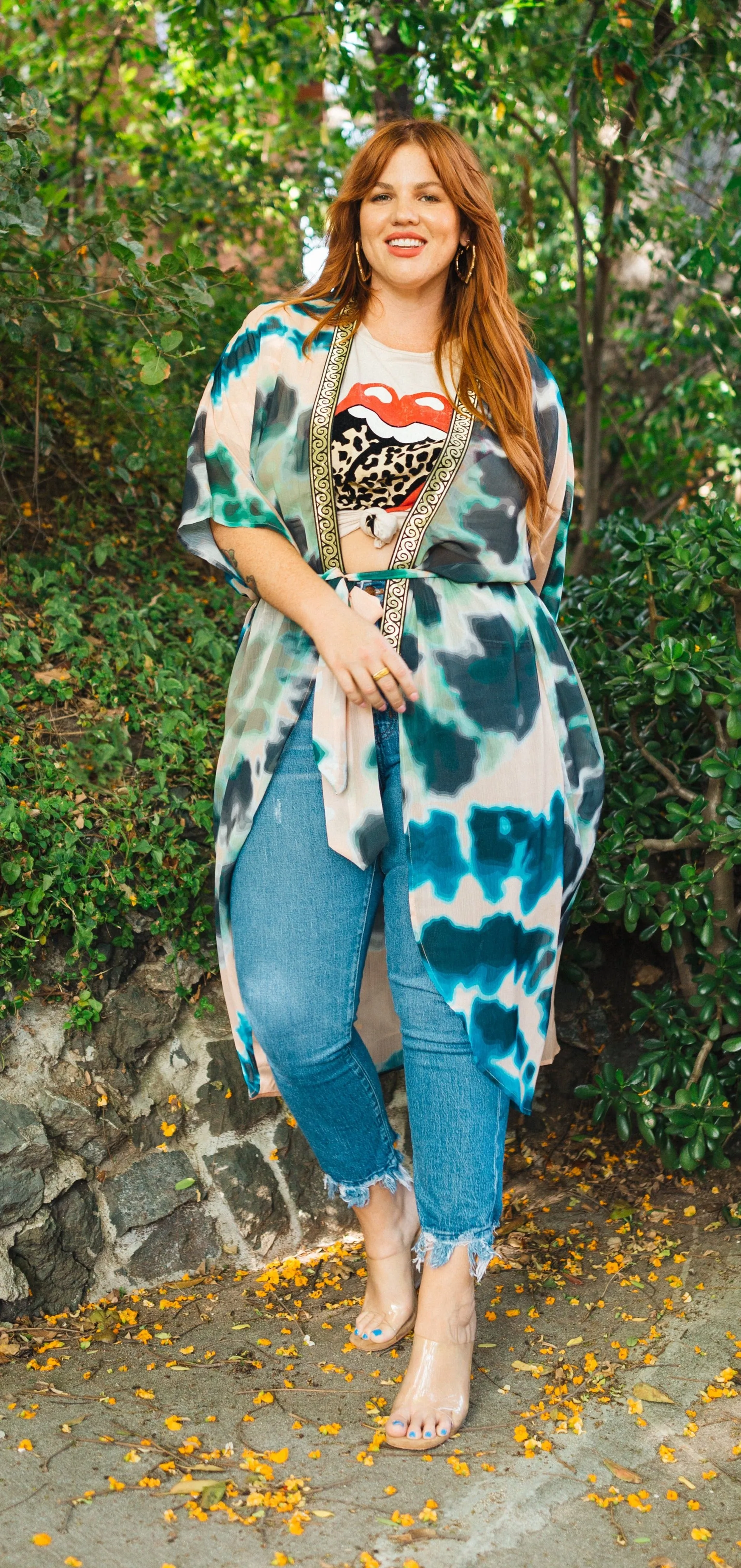 SukiSo Women's Plus Sized Goddess Kimono in Tan and Teal Tie-Dye