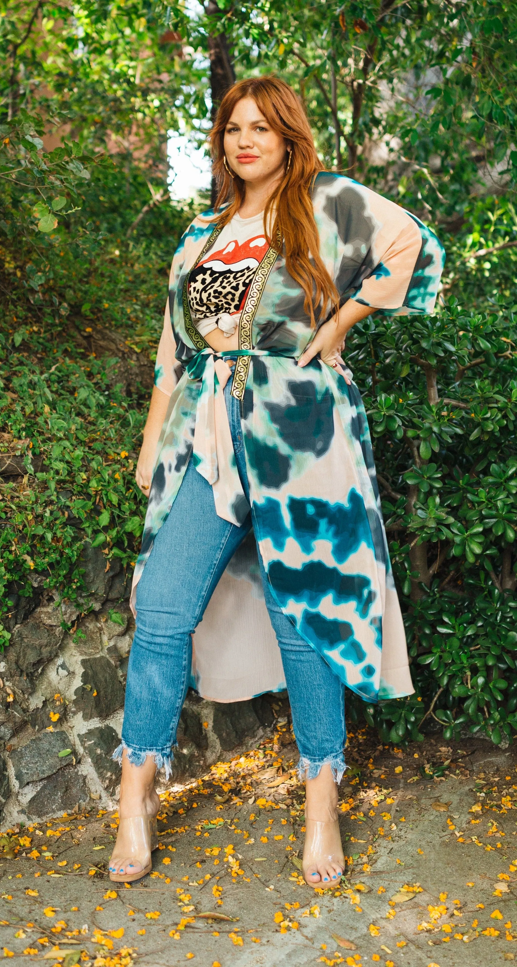 SukiSo Women's Plus Sized Goddess Kimono in Tan and Teal Tie-Dye