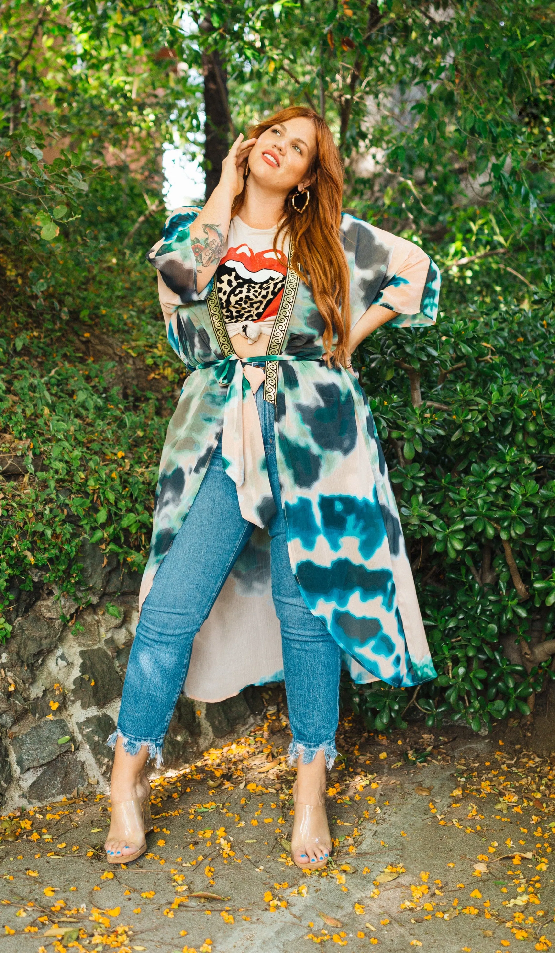 SukiSo Women's Plus Sized Goddess Kimono in Tan and Teal Tie-Dye