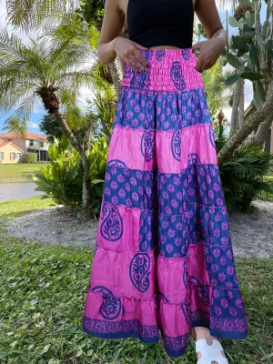 Summer Pink Blue Floral Beach Maxi Skirt Patchwork Boho Skirt Dress S/M