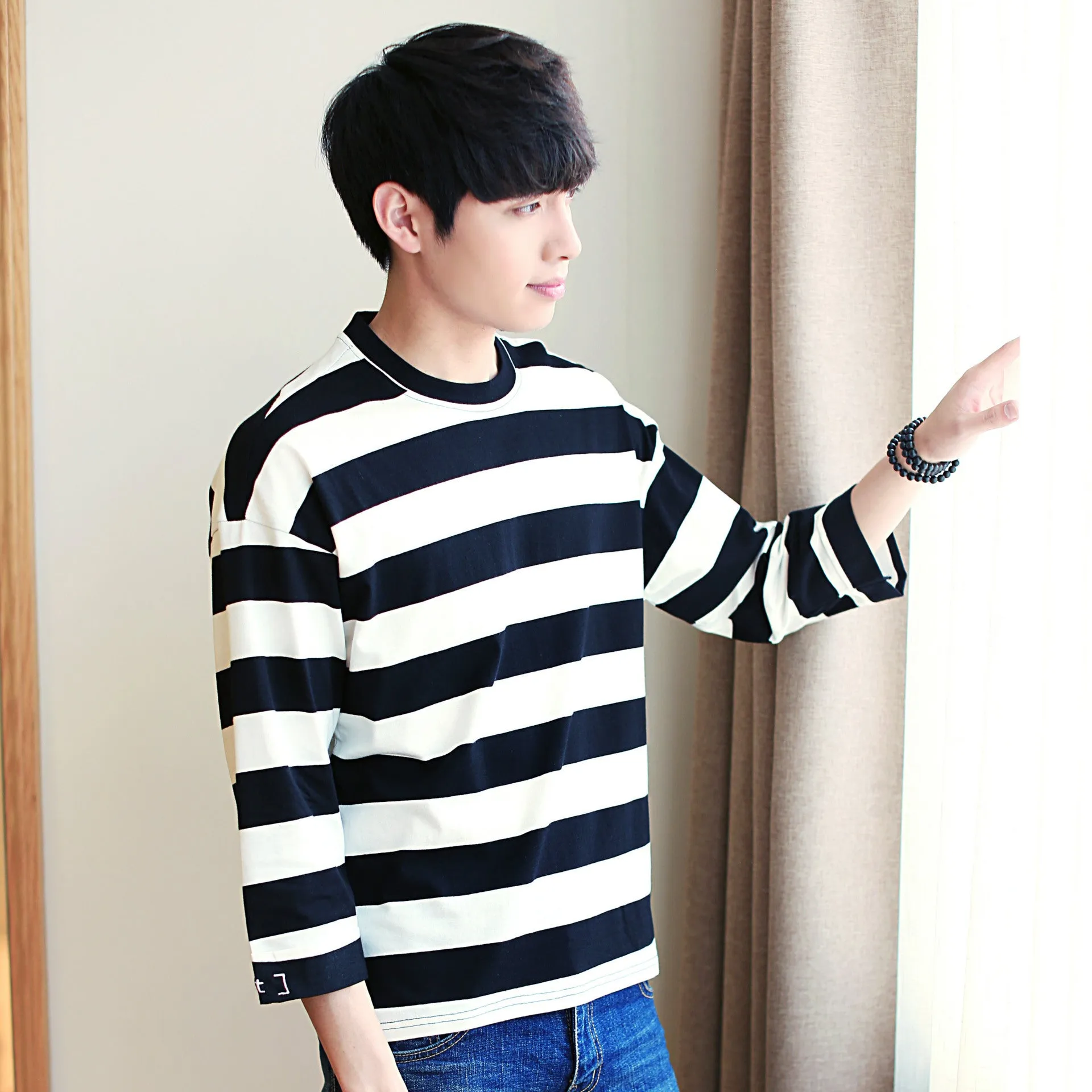 Summer Striped Loose Korean Three-Quarter Length Sleeves Mid-Length T-Shirt Trendy Men T-Shirt