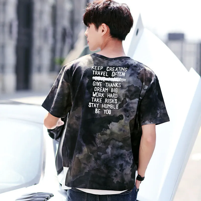 Summer Striped Loose Korean Three-Quarter Length Sleeves Mid-Length T-Shirt Trendy Men T-Shirt