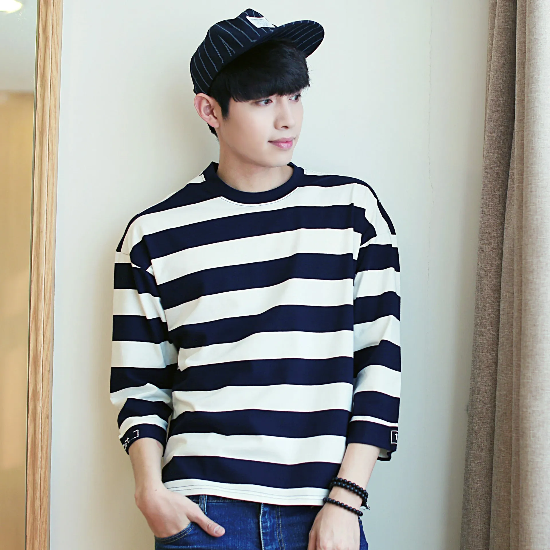 Summer Striped Loose Korean Three-Quarter Length Sleeves Mid-Length T-Shirt Trendy Men T-Shirt