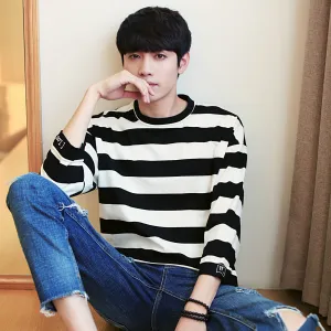 Summer Striped Loose Korean Three-Quarter Length Sleeves Mid-Length T-Shirt Trendy Men T-Shirt