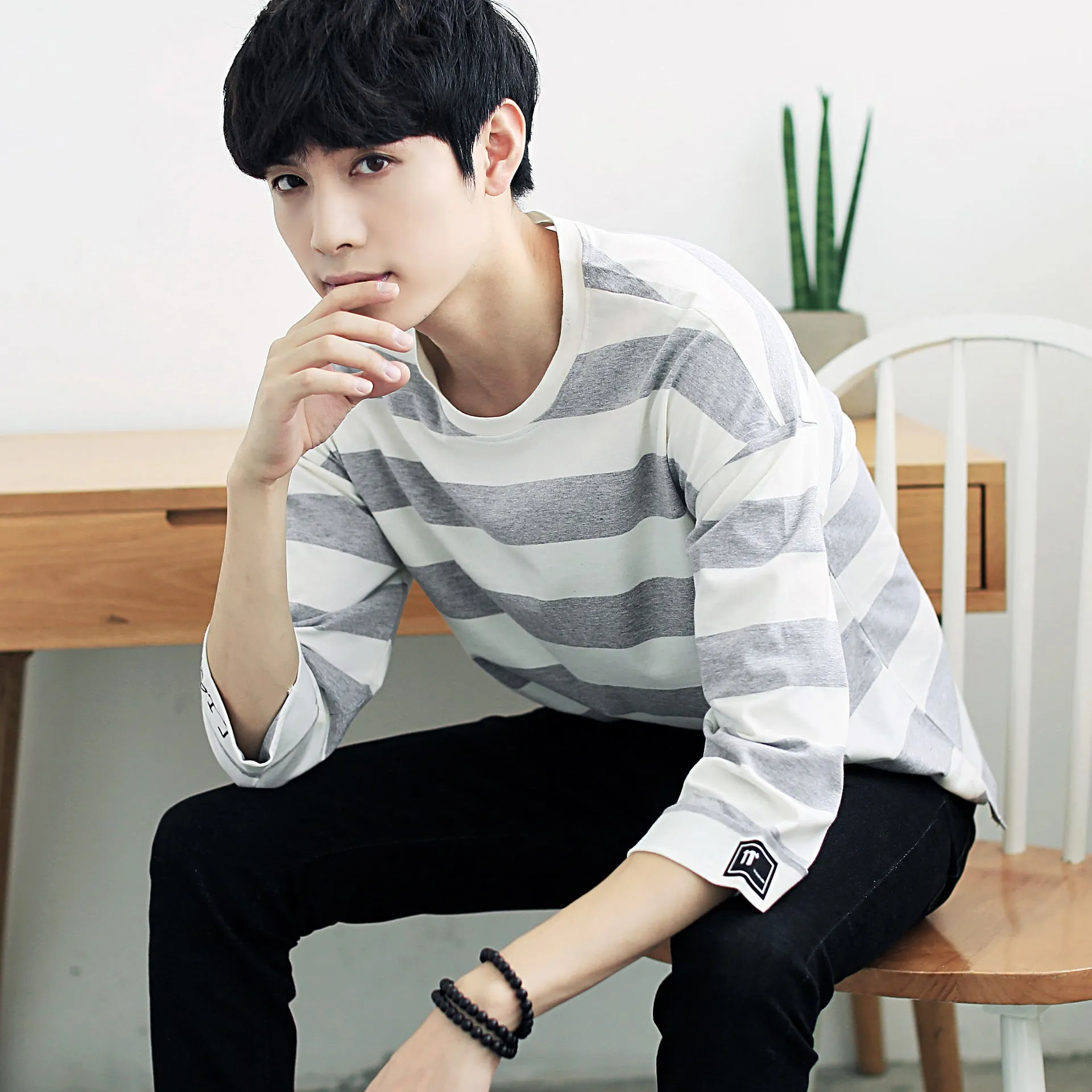 Summer Striped Loose Korean Three-Quarter Length Sleeves Mid-Length T-Shirt Trendy Men T-Shirt