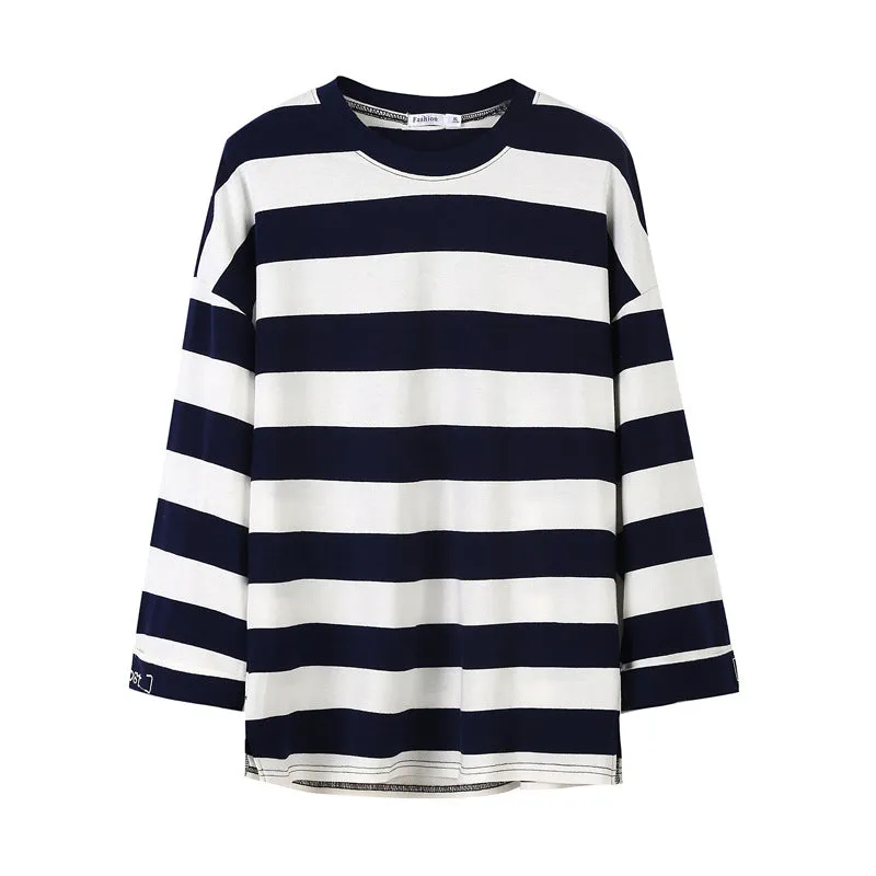 Summer Striped Loose Korean Three-Quarter Length Sleeves Mid-Length T-Shirt Trendy Men T-Shirt
