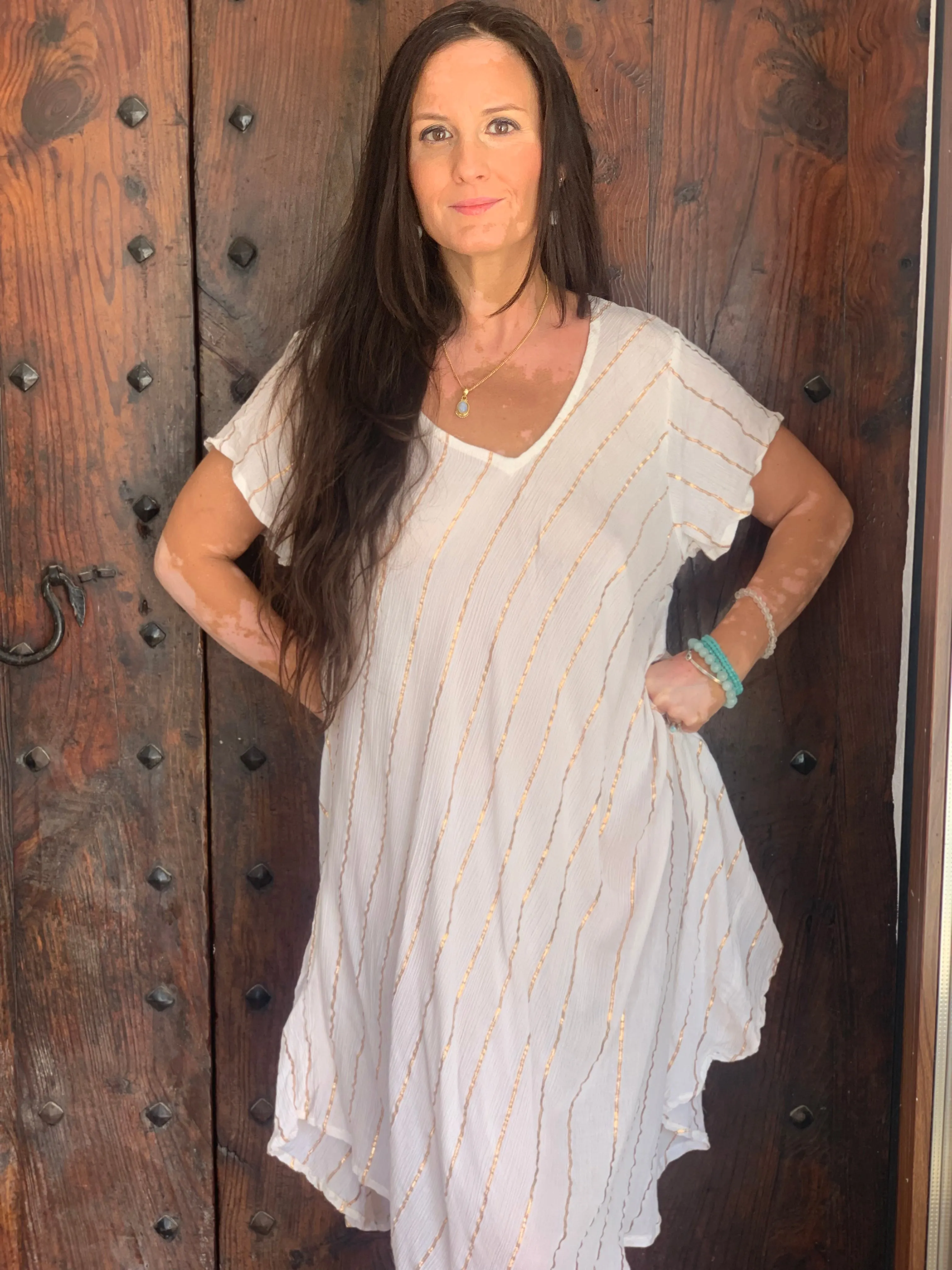 V neck half sleeve dress lurex  white