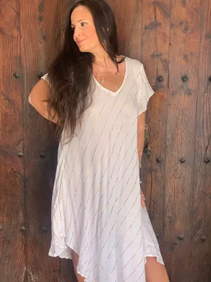 V neck half sleeve dress lurex  white