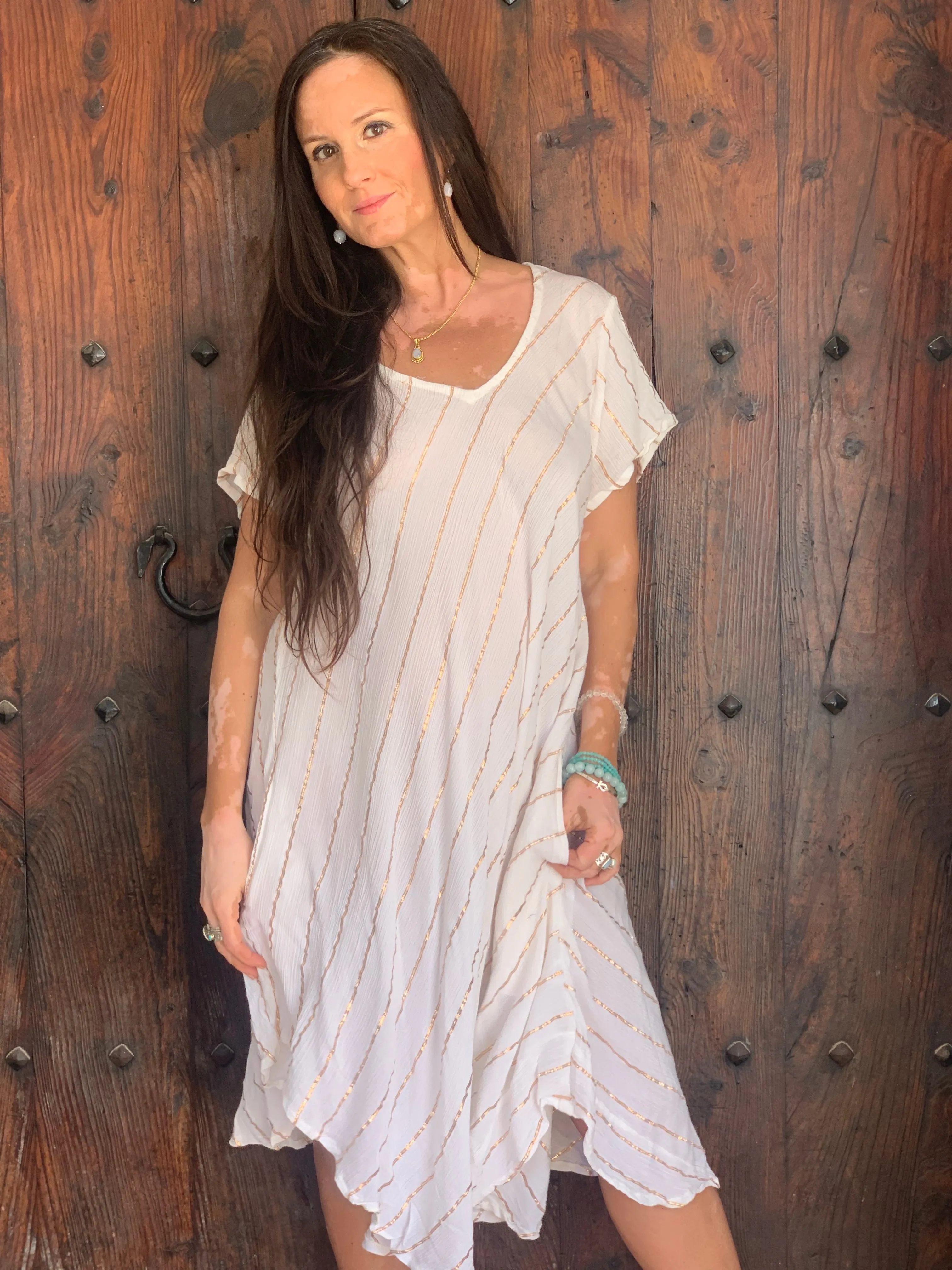 V neck half sleeve dress lurex  white