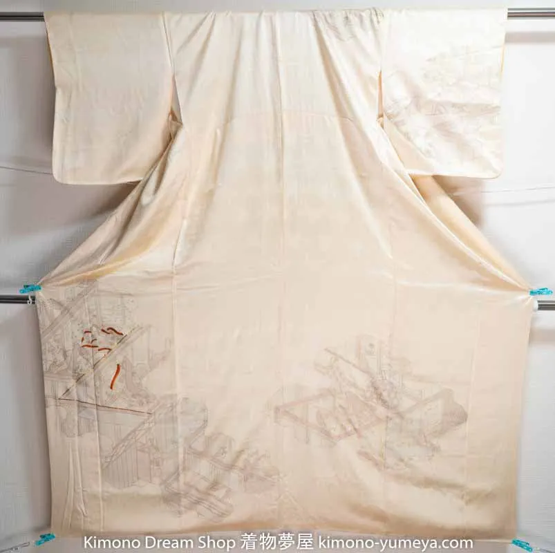 Very Shiny Light Yellow/Beige Houmongi Japanese Village People Wearing Kimonos Lifestyle Embroidered