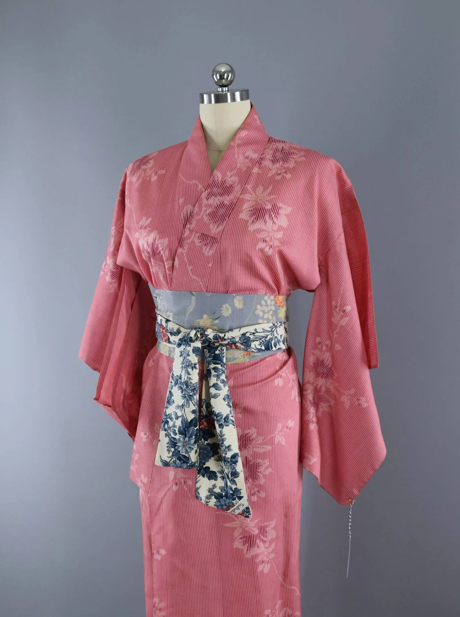 Vintage 1950s Silk Kimono Robe / Pink Stripes Floral