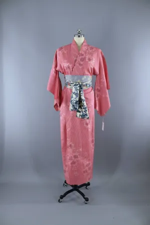 Vintage 1950s Silk Kimono Robe / Pink Stripes Floral