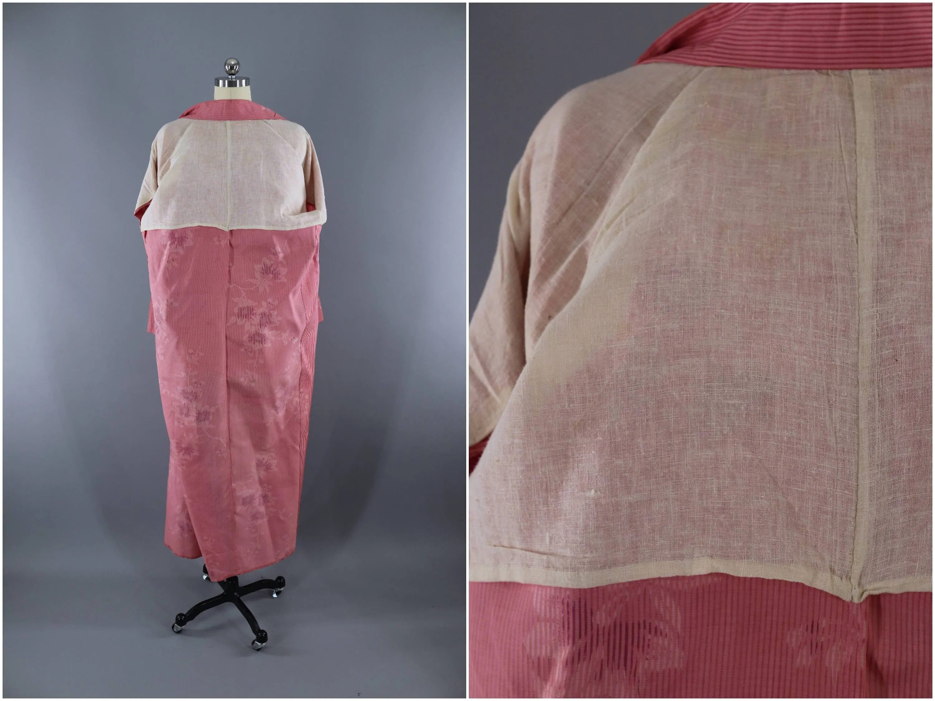 Vintage 1950s Silk Kimono Robe / Pink Stripes Floral