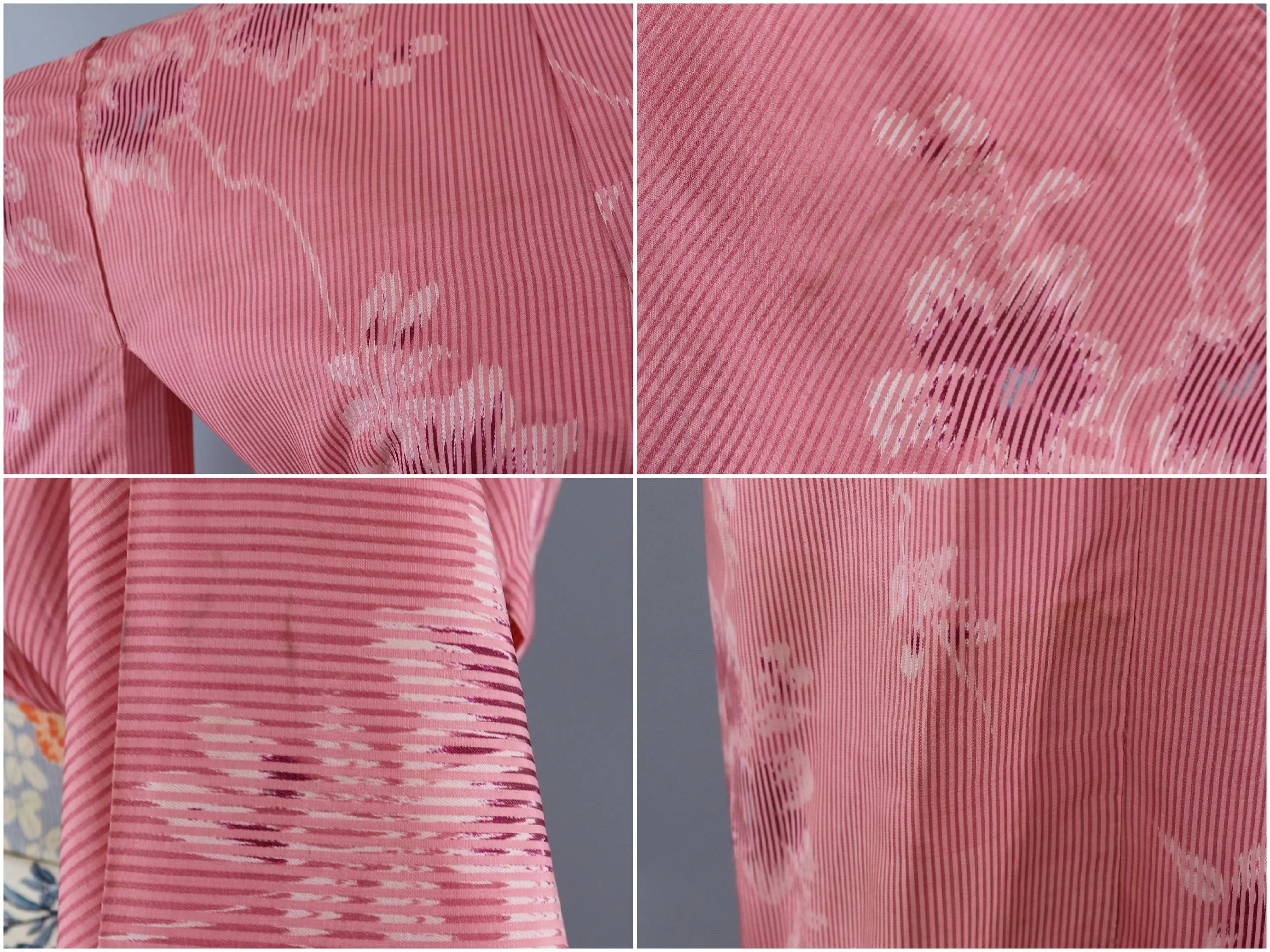 Vintage 1950s Silk Kimono Robe / Pink Stripes Floral