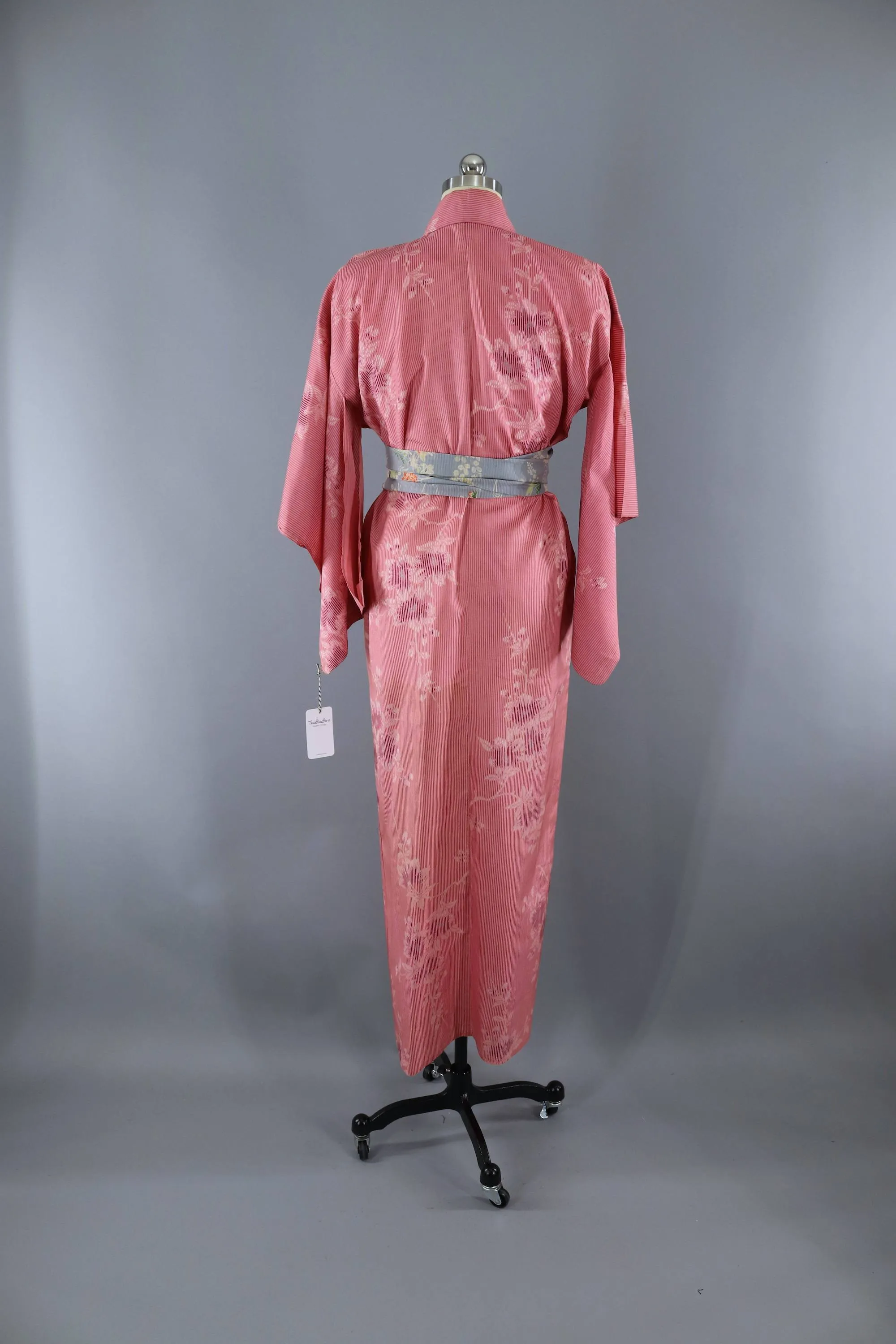 Vintage 1950s Silk Kimono Robe / Pink Stripes Floral