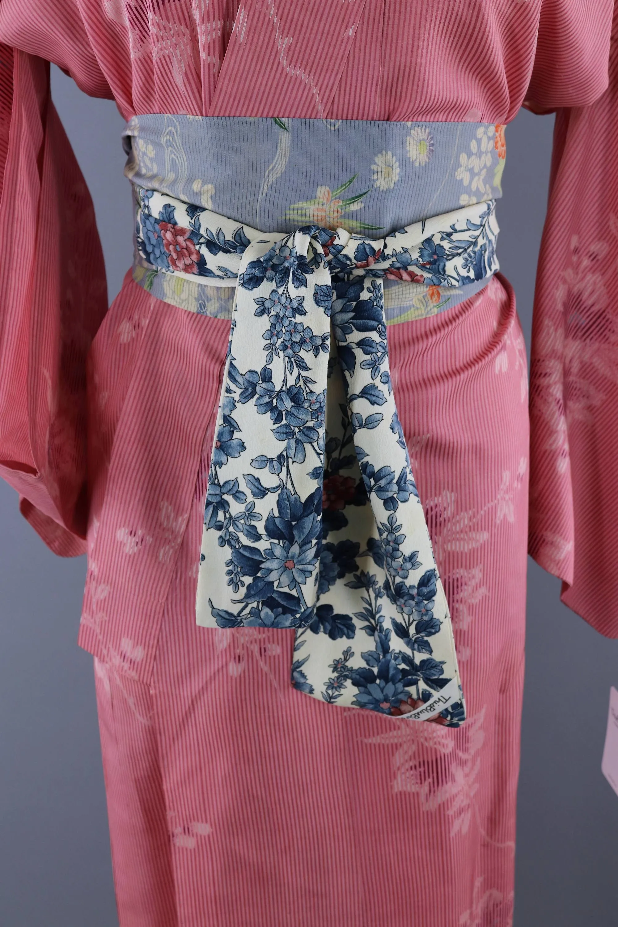 Vintage 1950s Silk Kimono Robe / Pink Stripes Floral
