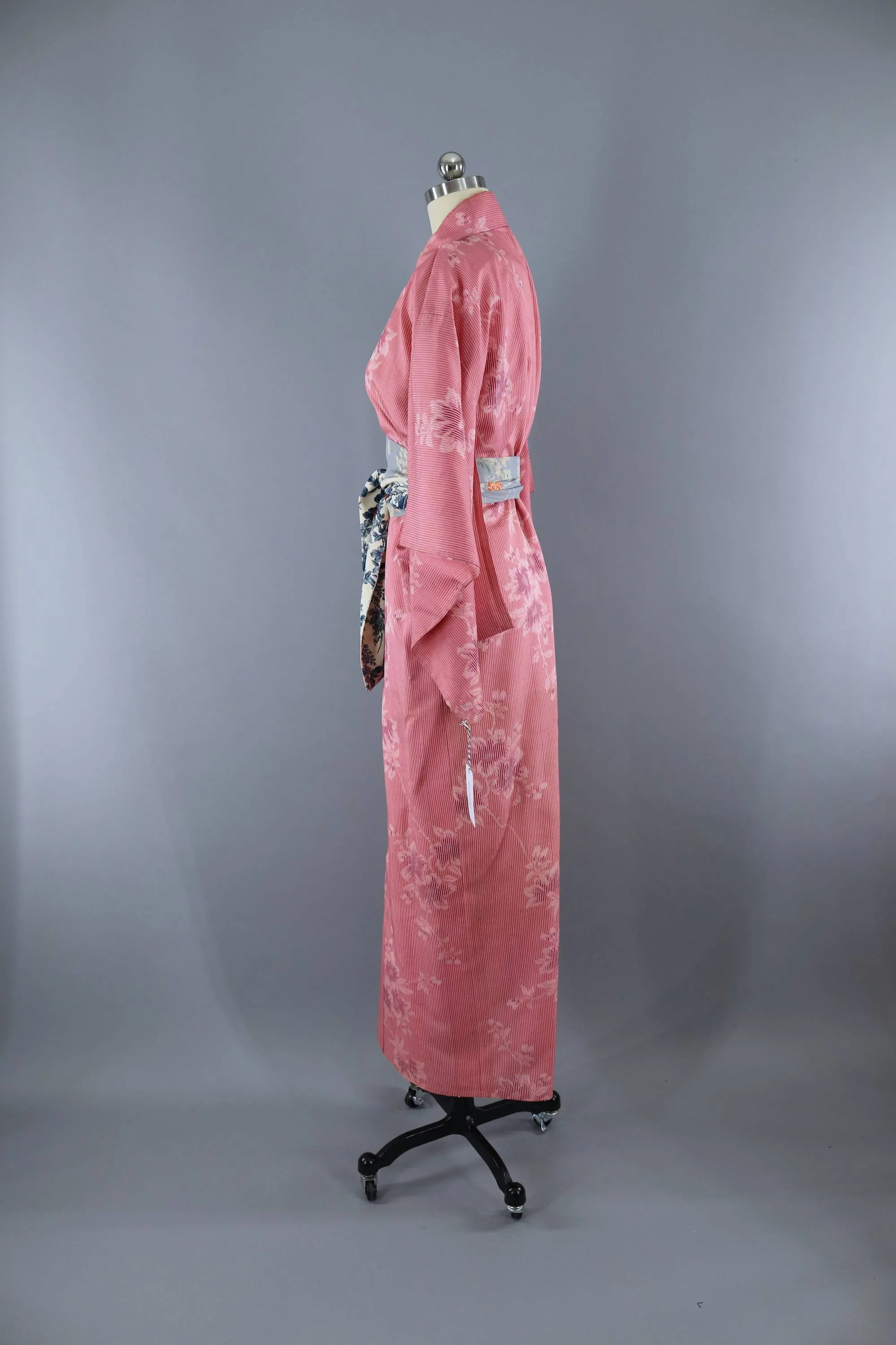 Vintage 1950s Silk Kimono Robe / Pink Stripes Floral