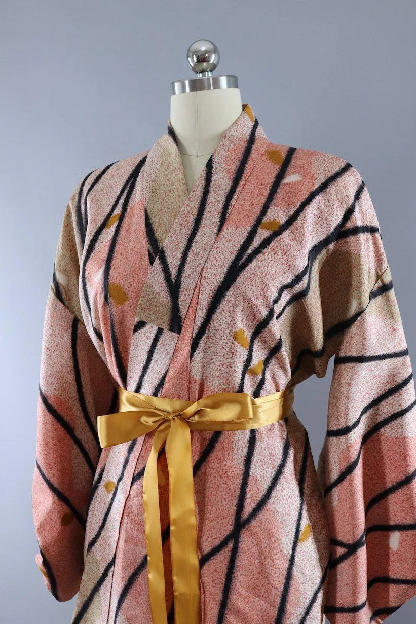 Vintage 1950s Silk Kimono Robe / Salmon Pink & Black Meisen