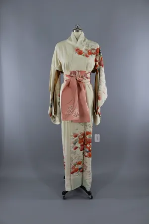Vintage 1960s Silk Kimono Robe / Ivory Salmon Pink Floral