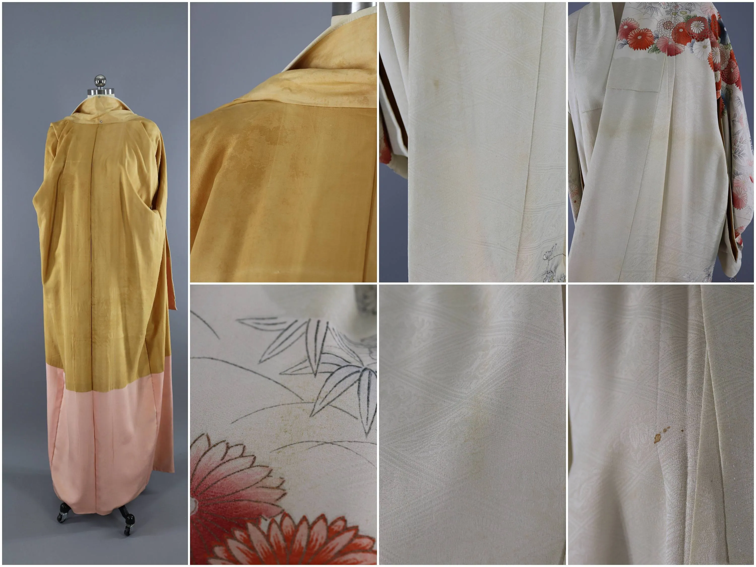 Vintage 1960s Silk Kimono Robe / Ivory Salmon Pink Floral
