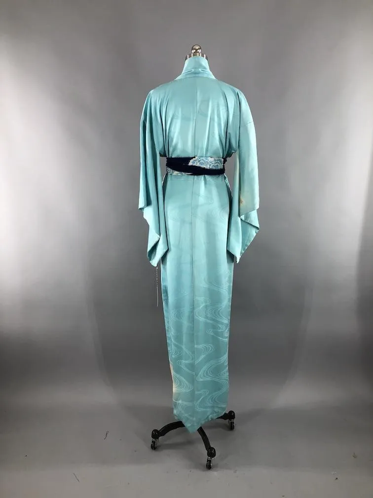 Vintage 1960s Silk Satin Kimono Robe / Aqua Blue Embroidered Butterflies