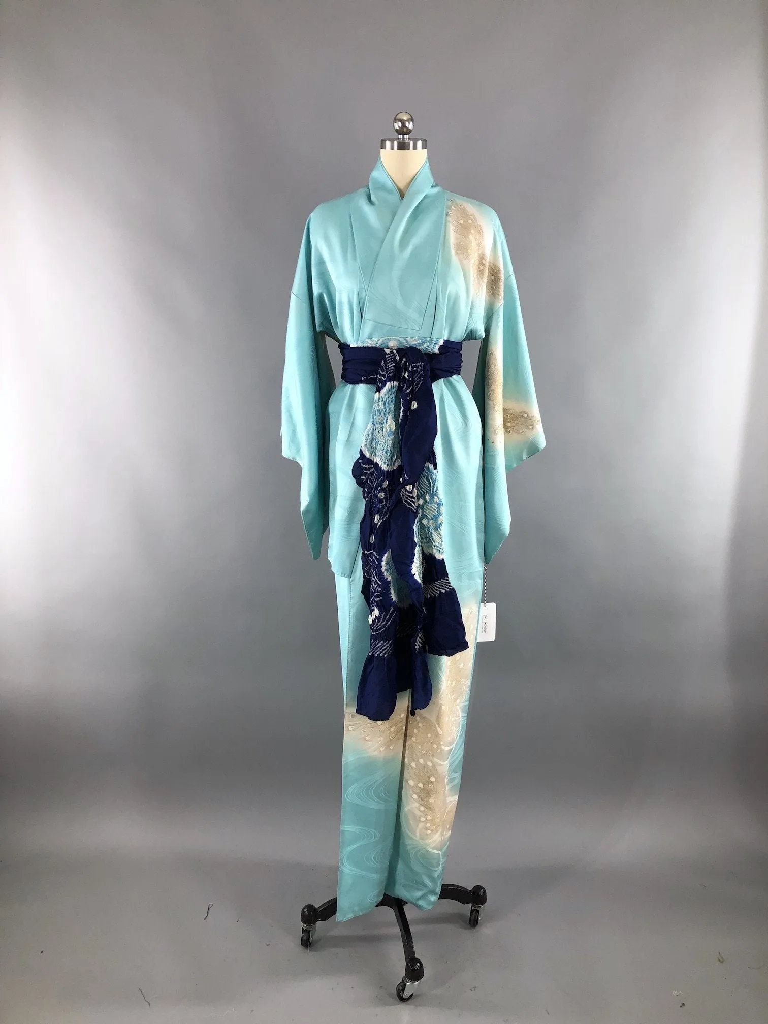 Vintage 1960s Silk Satin Kimono Robe / Aqua Blue Embroidered Butterflies