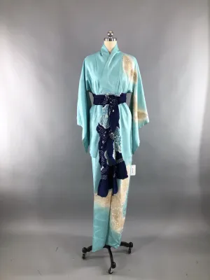 Vintage 1960s Silk Satin Kimono Robe / Aqua Blue Embroidered Butterflies