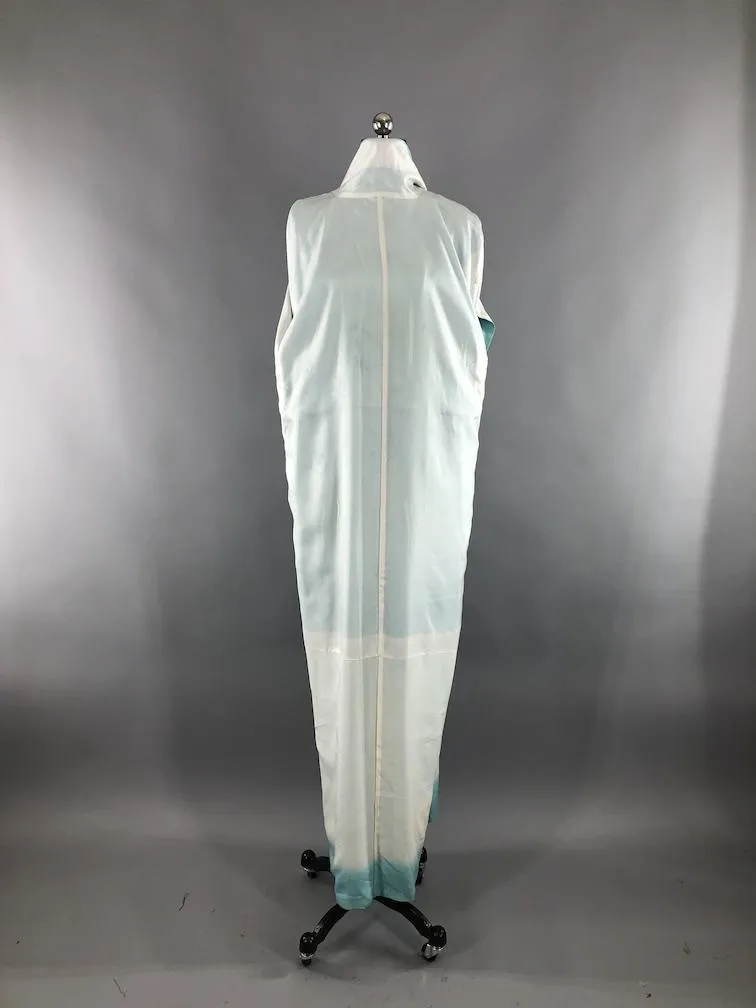 Vintage 1960s Silk Satin Kimono Robe / Aqua Blue Embroidered Butterflies