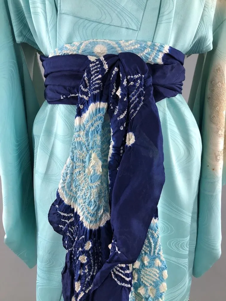 Vintage 1960s Silk Satin Kimono Robe / Aqua Blue Embroidered Butterflies