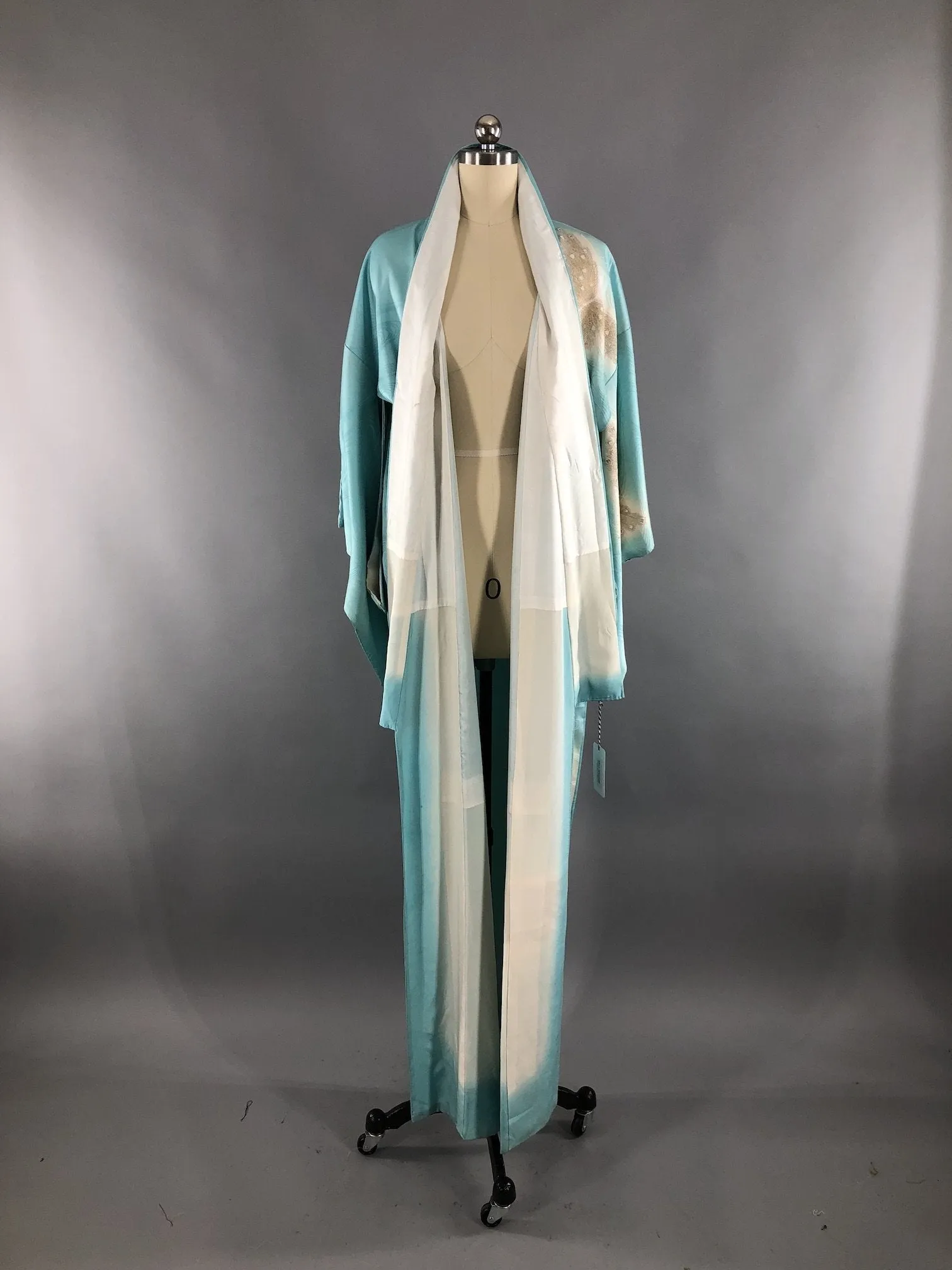 Vintage 1960s Silk Satin Kimono Robe / Aqua Blue Embroidered Butterflies