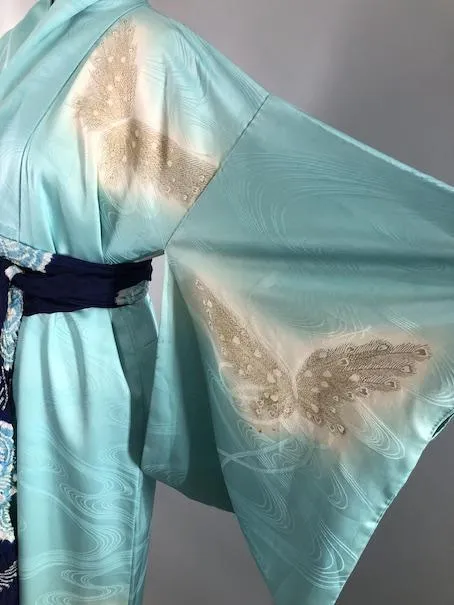 Vintage 1960s Silk Satin Kimono Robe / Aqua Blue Embroidered Butterflies
