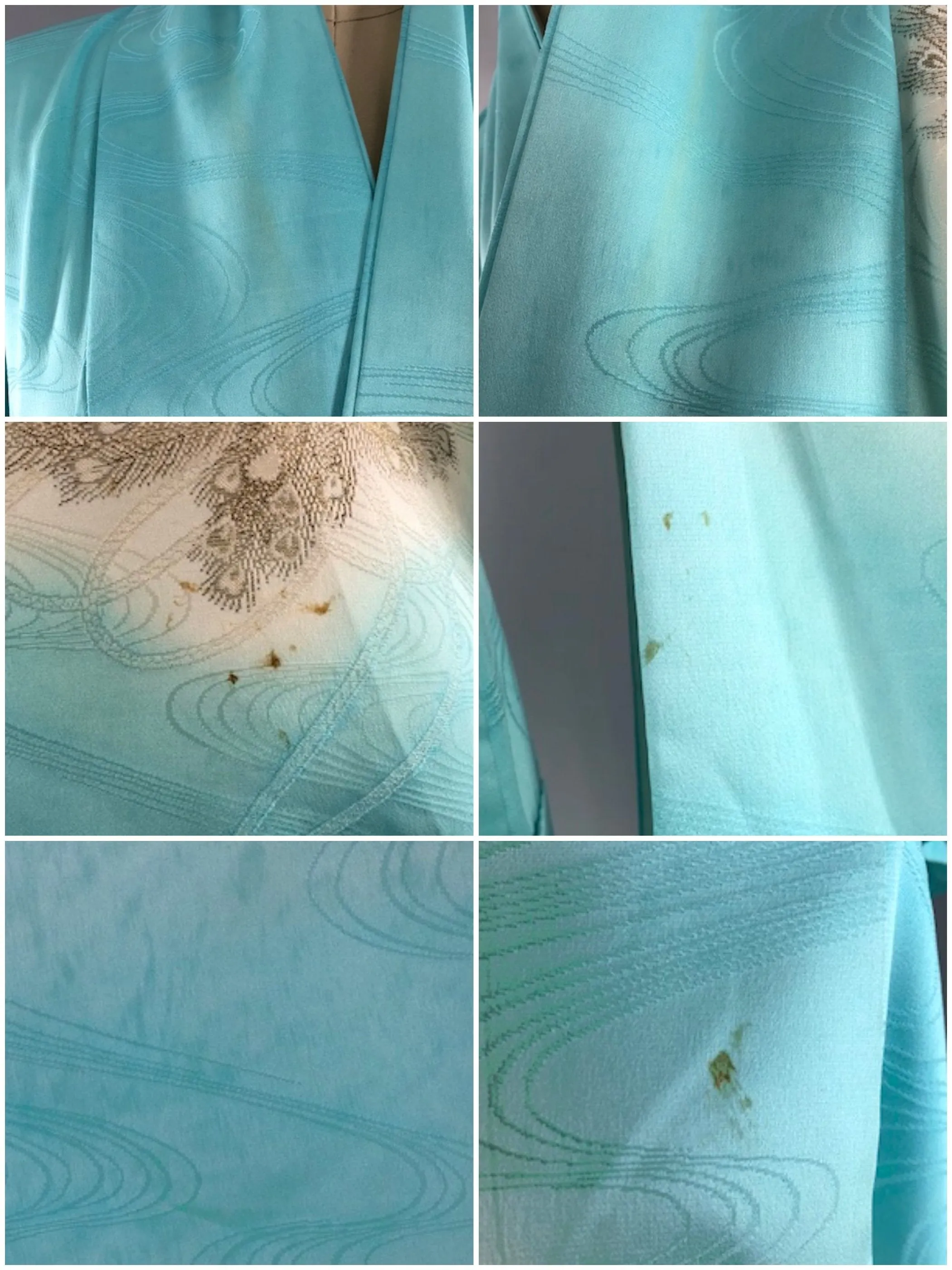 Vintage 1960s Silk Satin Kimono Robe / Aqua Blue Embroidered Butterflies