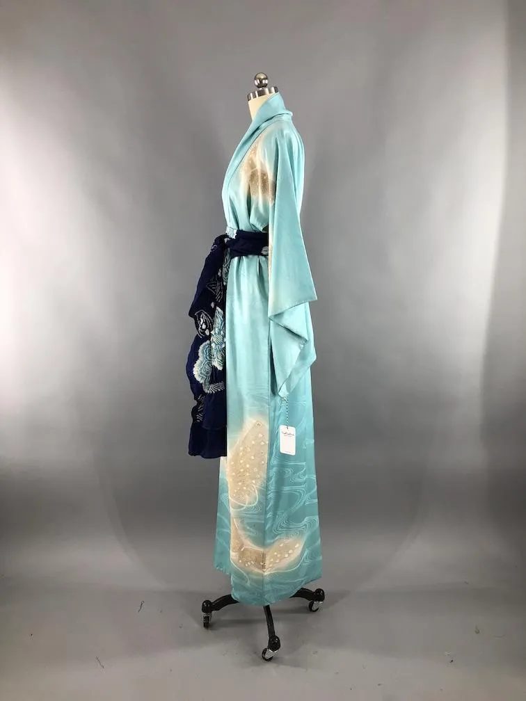 Vintage 1960s Silk Satin Kimono Robe / Aqua Blue Embroidered Butterflies