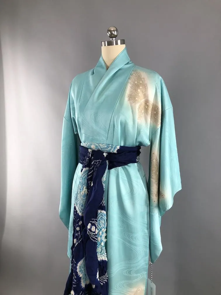 Vintage 1960s Silk Satin Kimono Robe / Aqua Blue Embroidered Butterflies
