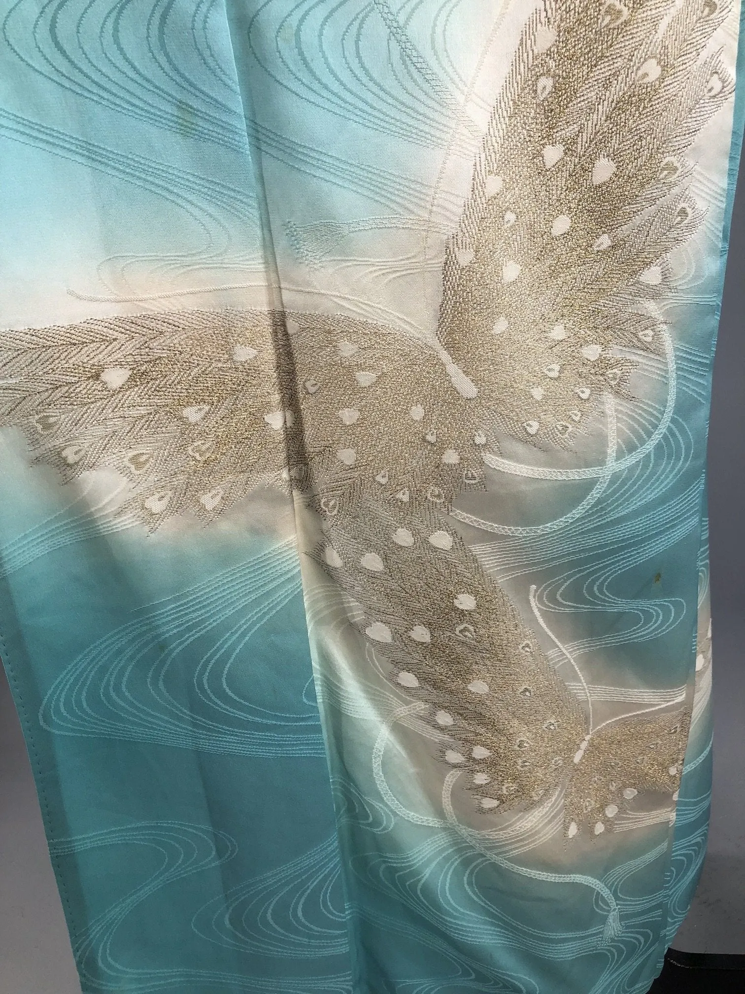 Vintage 1960s Silk Satin Kimono Robe / Aqua Blue Embroidered Butterflies