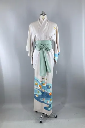 Vintage Blue Rivers Silk Kimono Robe