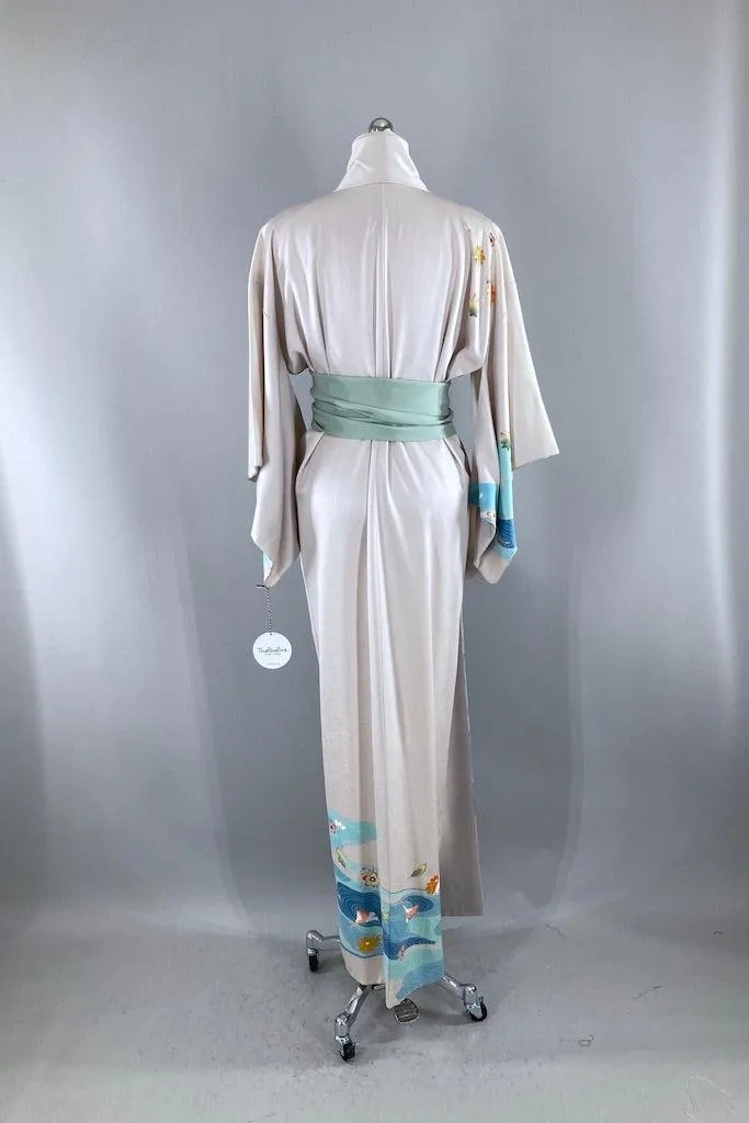 Vintage Blue Rivers Silk Kimono Robe